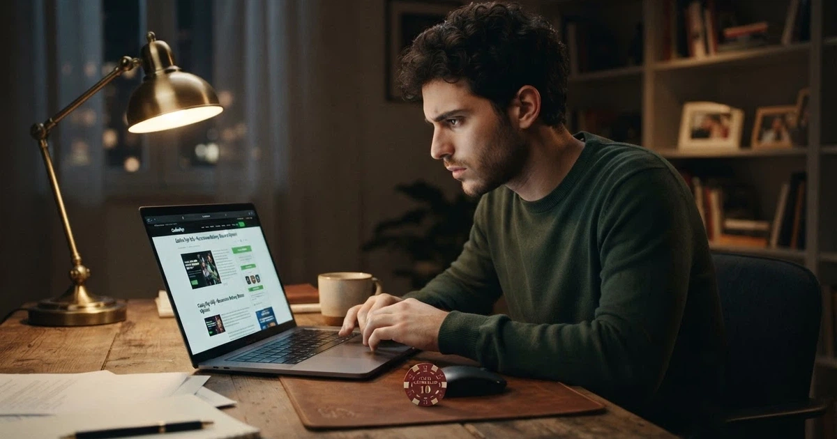 Un giocatore seduto al laptop confronta casinò online con espressione concentrata