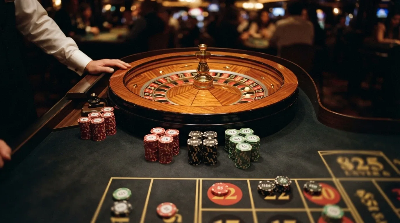 Tavolo da roulette dal vivo con croupier in smoking, fiches impilate e monitor dei numeri